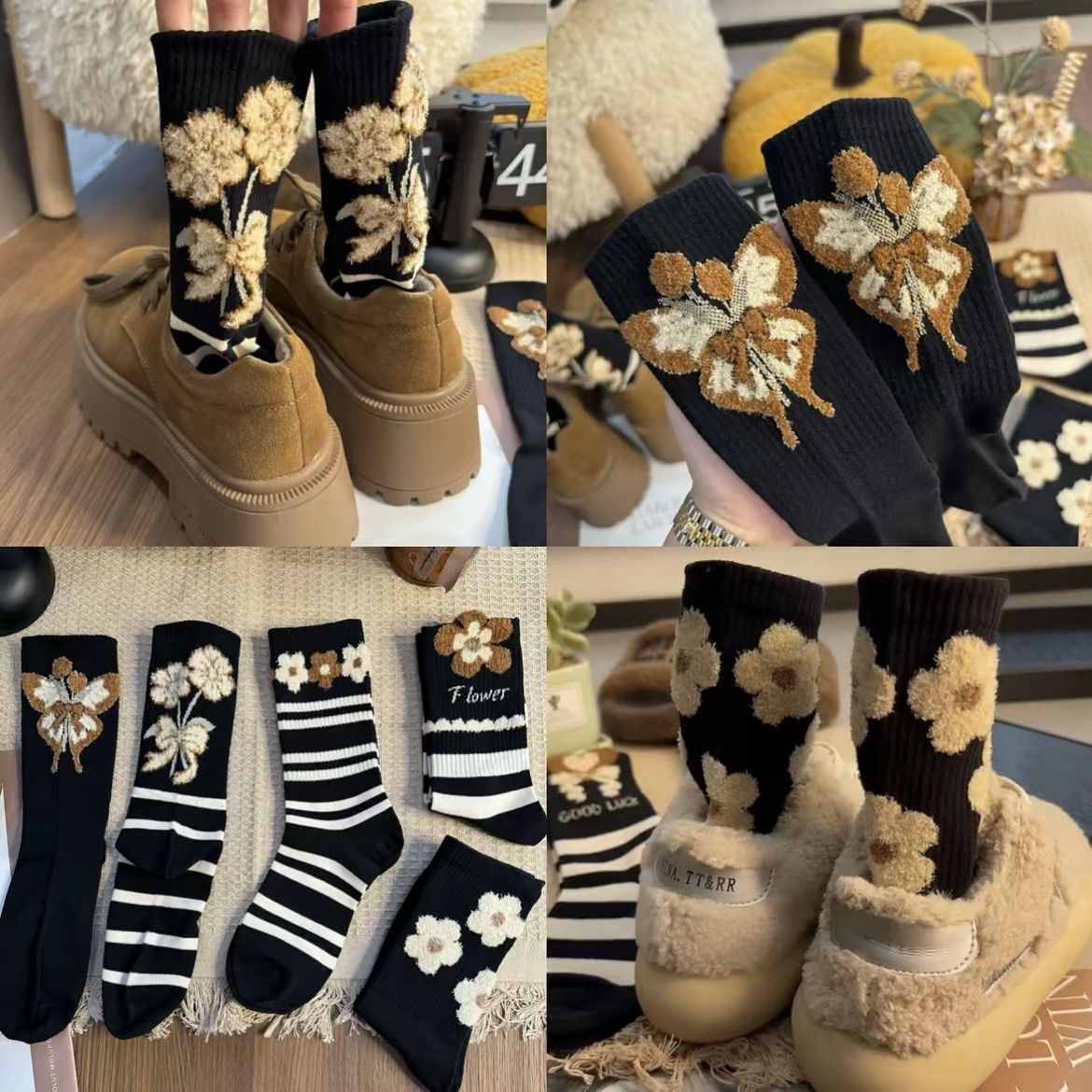 袜子女生秋冬羽毛ins高筒冬季百搭设计师款高级可爱新款潮袜LW