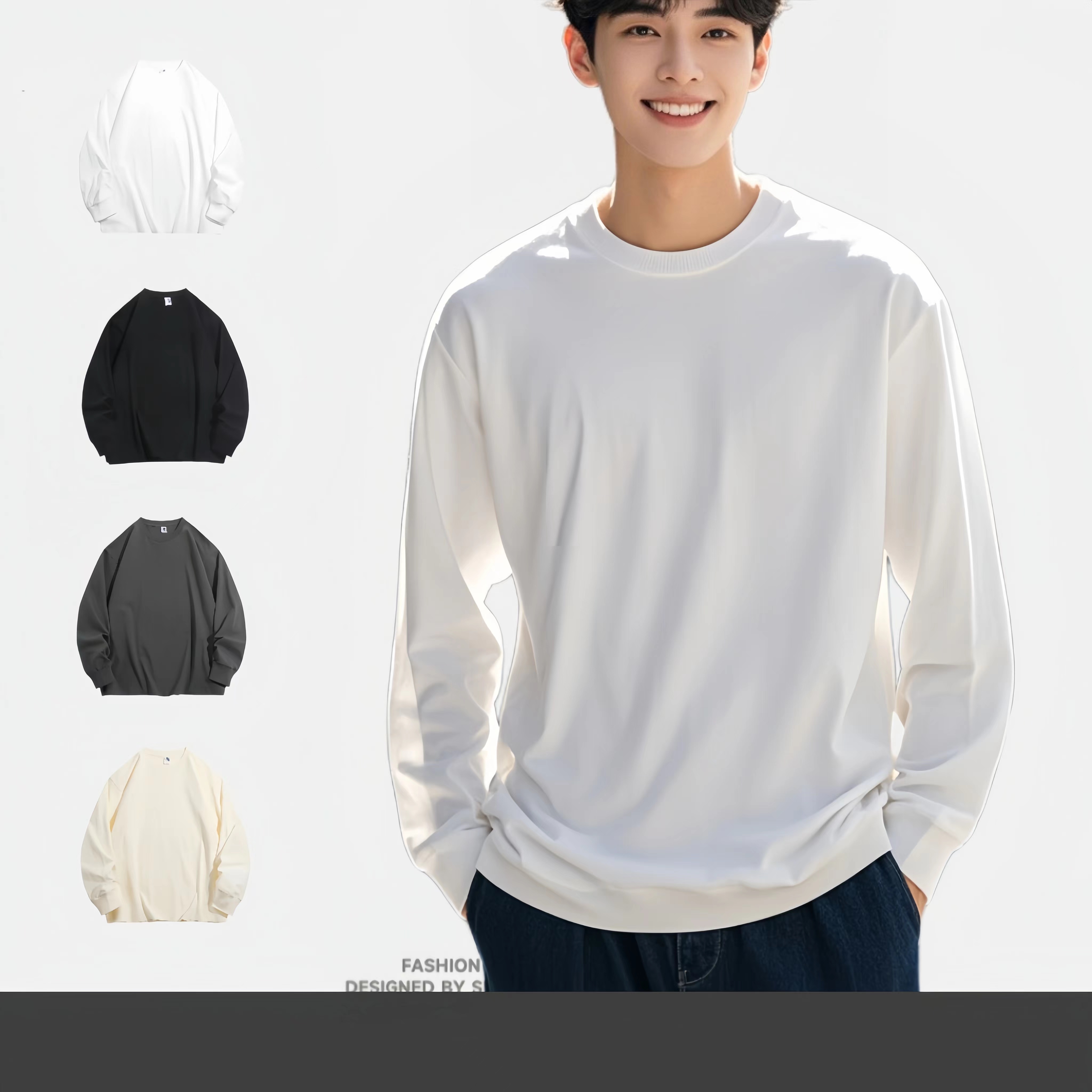 260G美式情侣百搭长袖t恤男春秋纯棉纯色白色打底衫圆领上衣男款