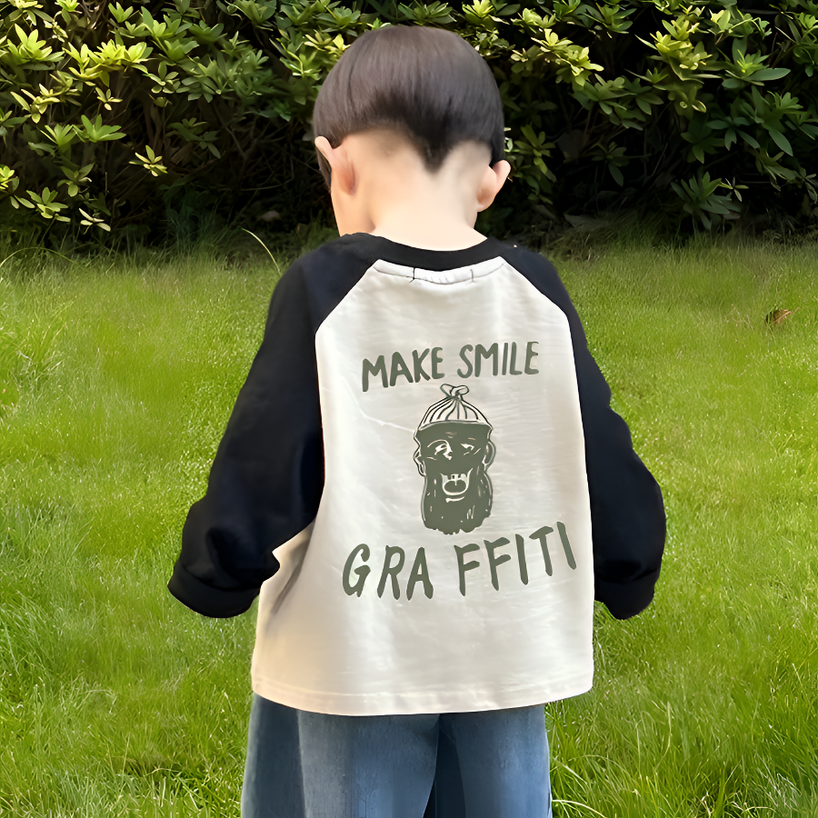 儿童拼色棉T恤长袖春秋季新款字母上衣男女宝宝插肩洋气打底衫