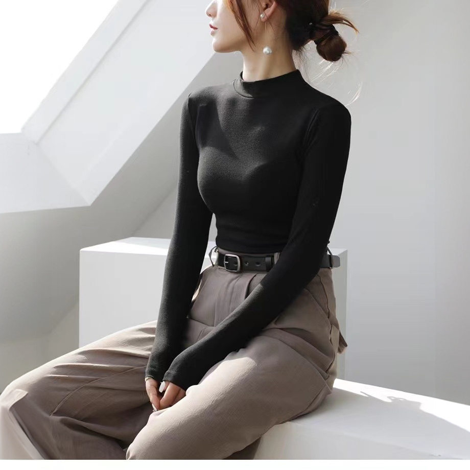 德绒女装高弹软糯灰色圆领长袖正肩打底衫女秋冬打底T恤