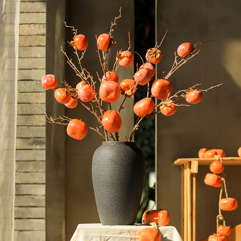 高档霜降柿子仿真花果实干花树枝摆件发财果客厅假花花束装饰摆设
