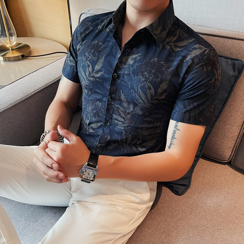 复古印花衬衫男士夏季商务休闲潮流修身短袖衬衣高级感潮牌痞帅气