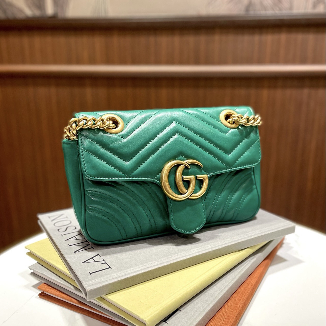 95新 GUCCI/古驰 实际98新Gucci马蒙湖绿色小号斜挎包