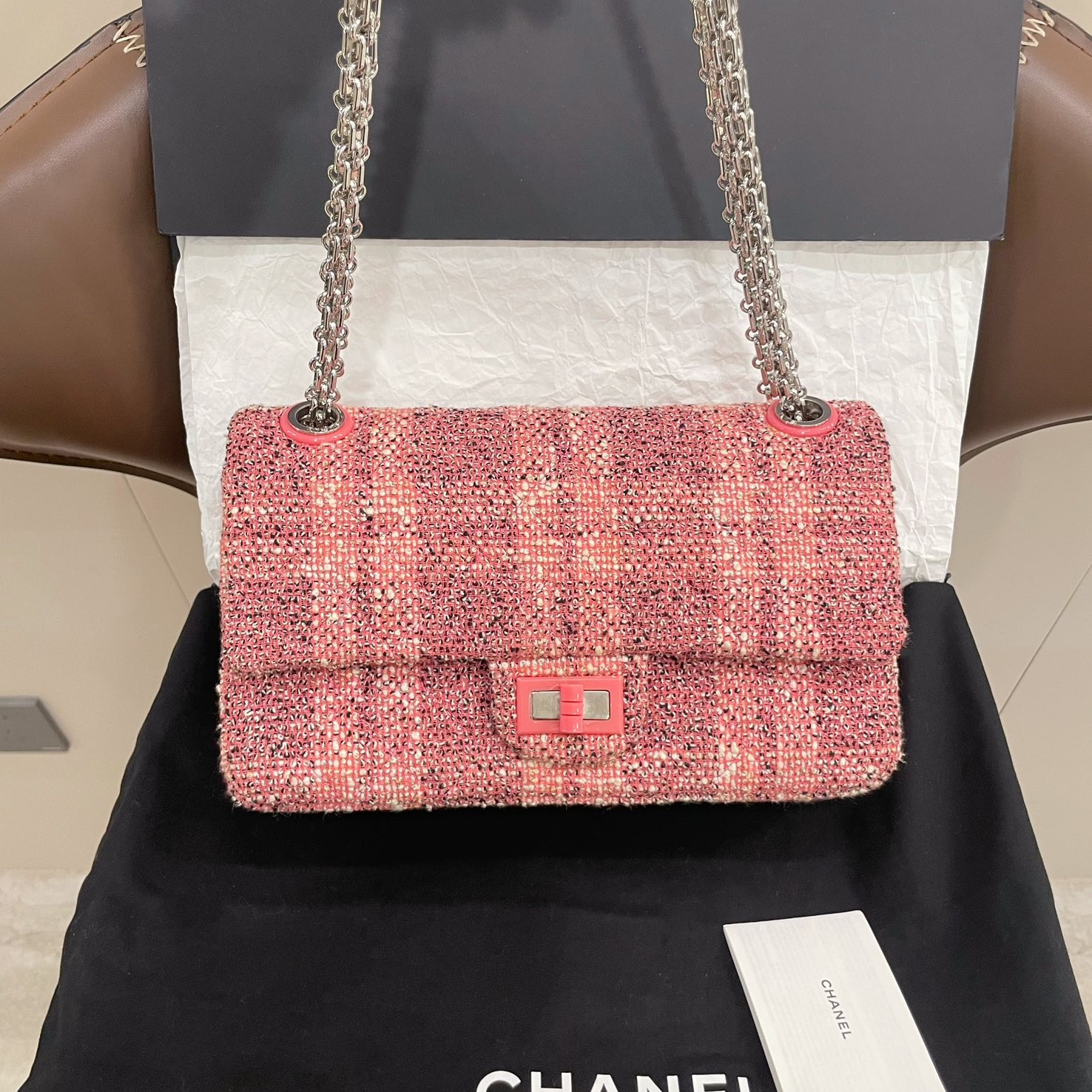 95新 Chanel/香奈儿 小号2.55粉色毛呢女士链条包27开