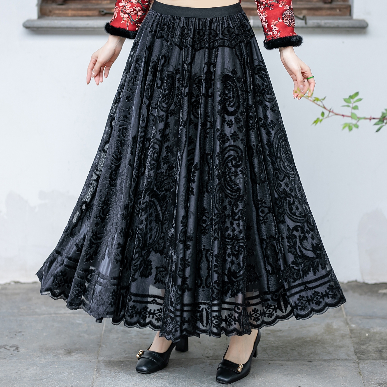 2025新款显瘦百褶裙双层大摆裙日常可穿A字裙高腰裙子黑色蕾丝