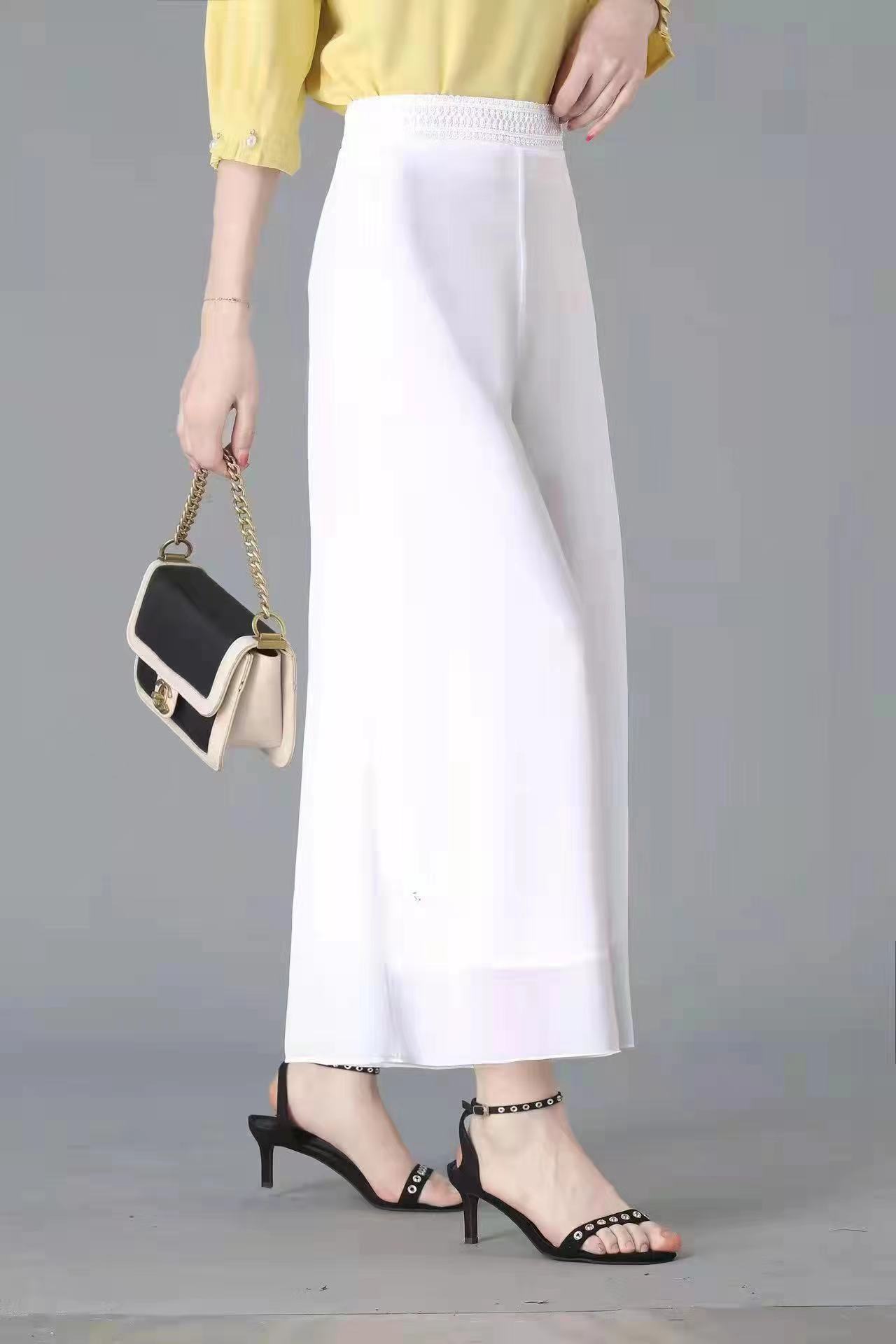 夏季宽松版新款松紧腰纱群裤白色阔腿裤气质垂感春夏纯色女士高腰