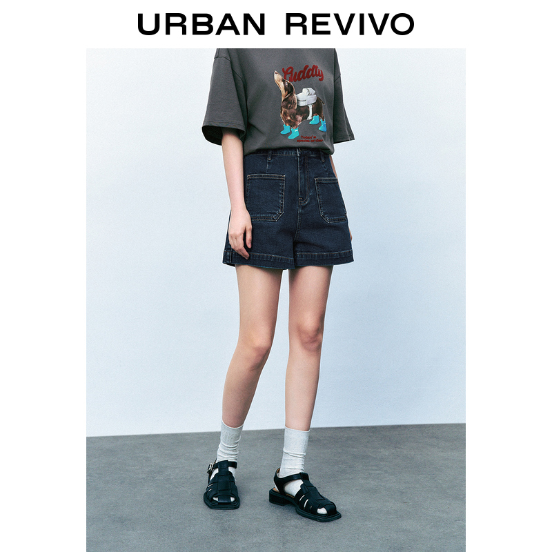 UR女装时尚洗水明线描边口袋牛仔短裤UWU840081