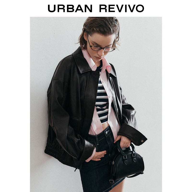 UR冬季新款女装复古美拉德对称口袋翻领PU外套UYU140025