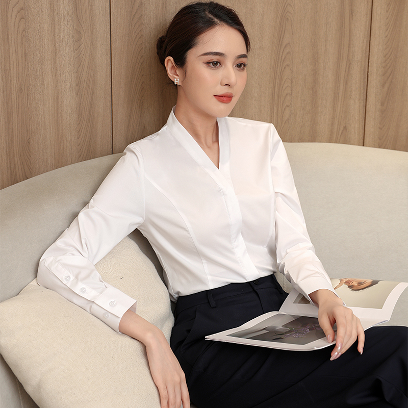 职业白衬衫女工作服大码气质V领衬衣工装美容师空姐西装上衣制服