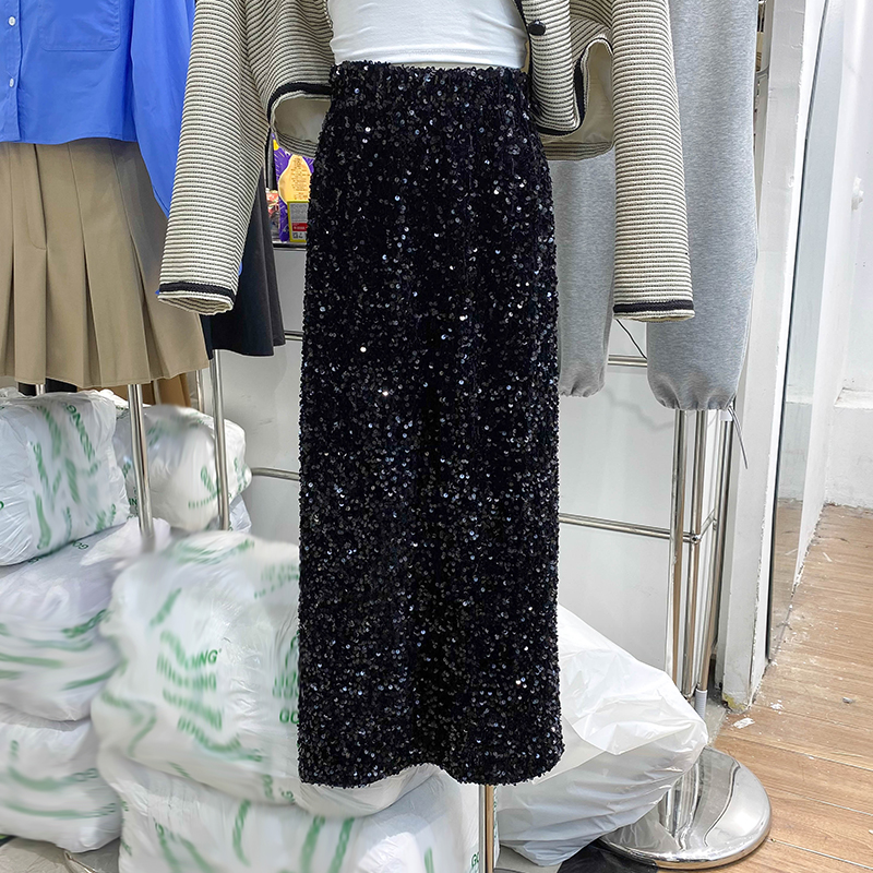 F清仓-高腰中长款丝绒包臀裙开叉黑色加绒加厚闪闪亮片半身裙女