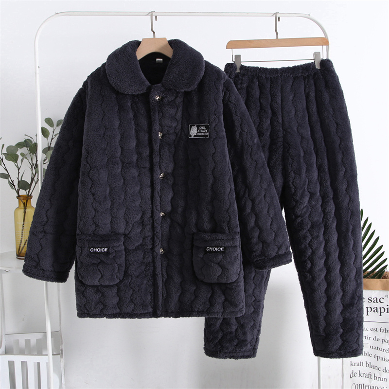 长毛中长款加绒加厚男士睡衣套装家居服保暖外穿大码冬天长袖冬季