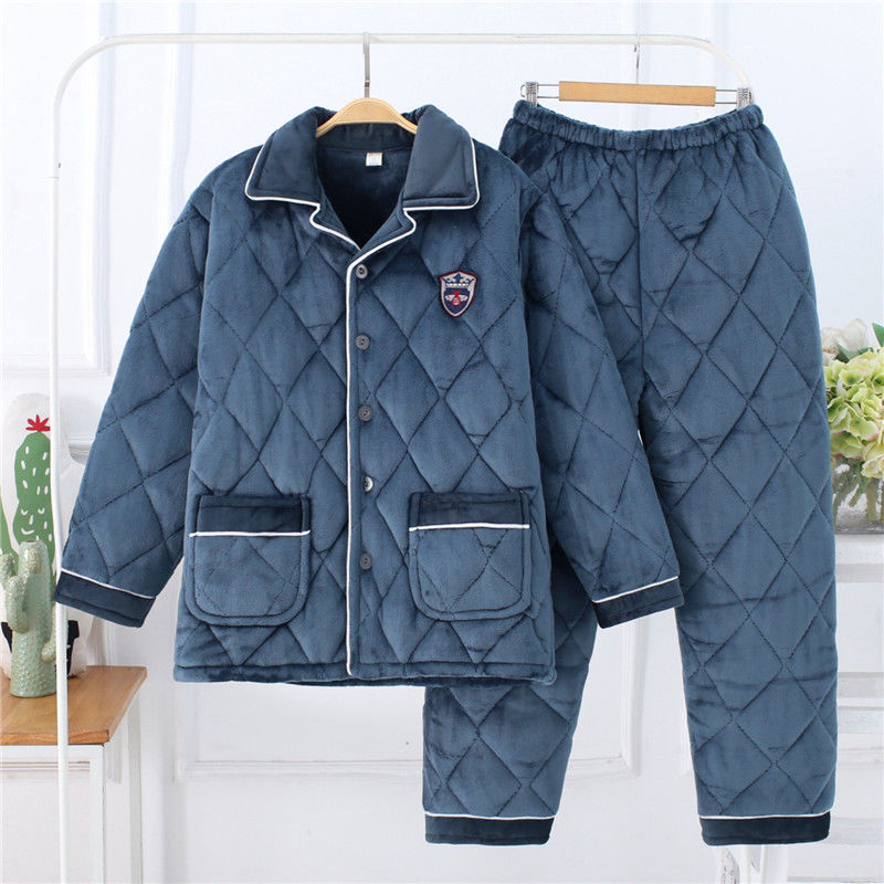 纯色睡衣男三层夹棉加厚宽松高档防寒特厚保暖家居套装男士家居服