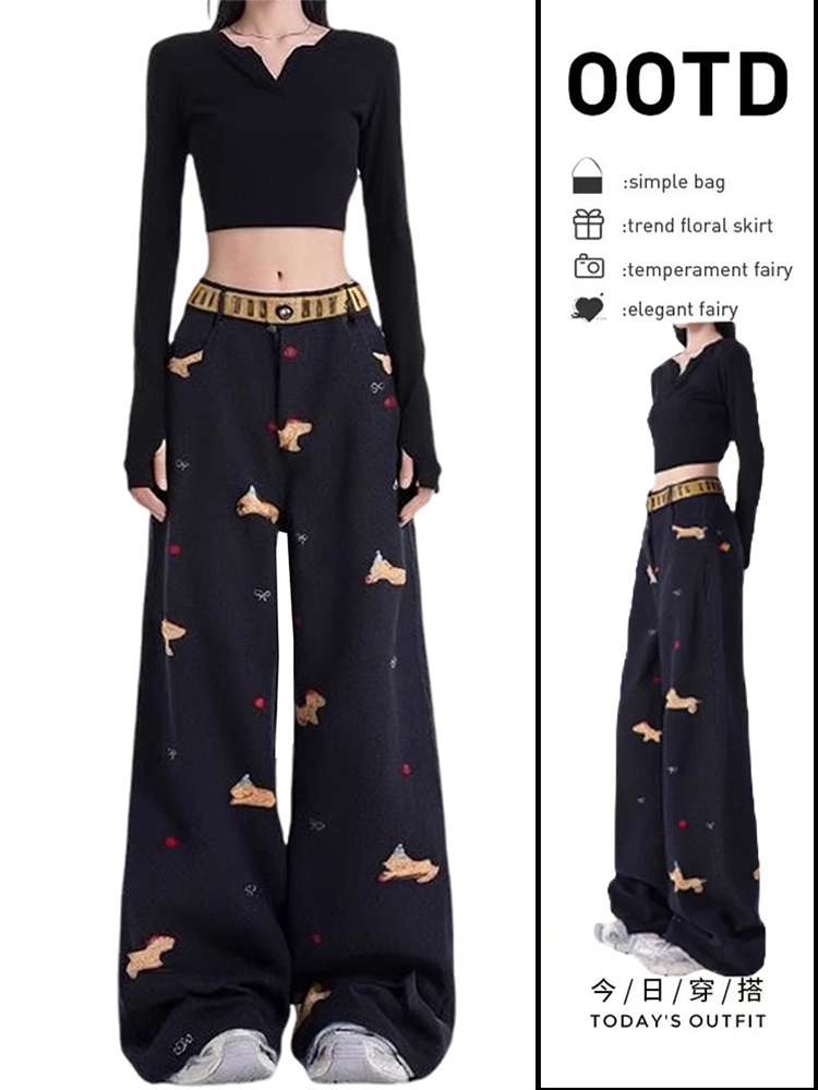 大码美式复古小狗贴布刺绣阔腿牛仔裤女秋季宽松垂感阔腿拖地裤子