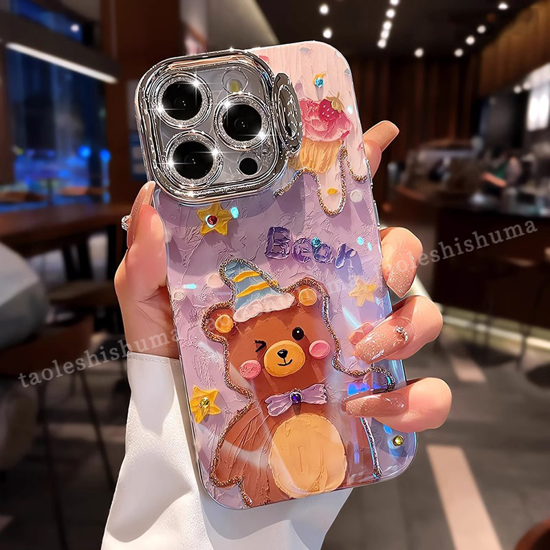 新款油画适用苹果15Promax手机壳镜头膜支架iPhone14卡通13可爱12