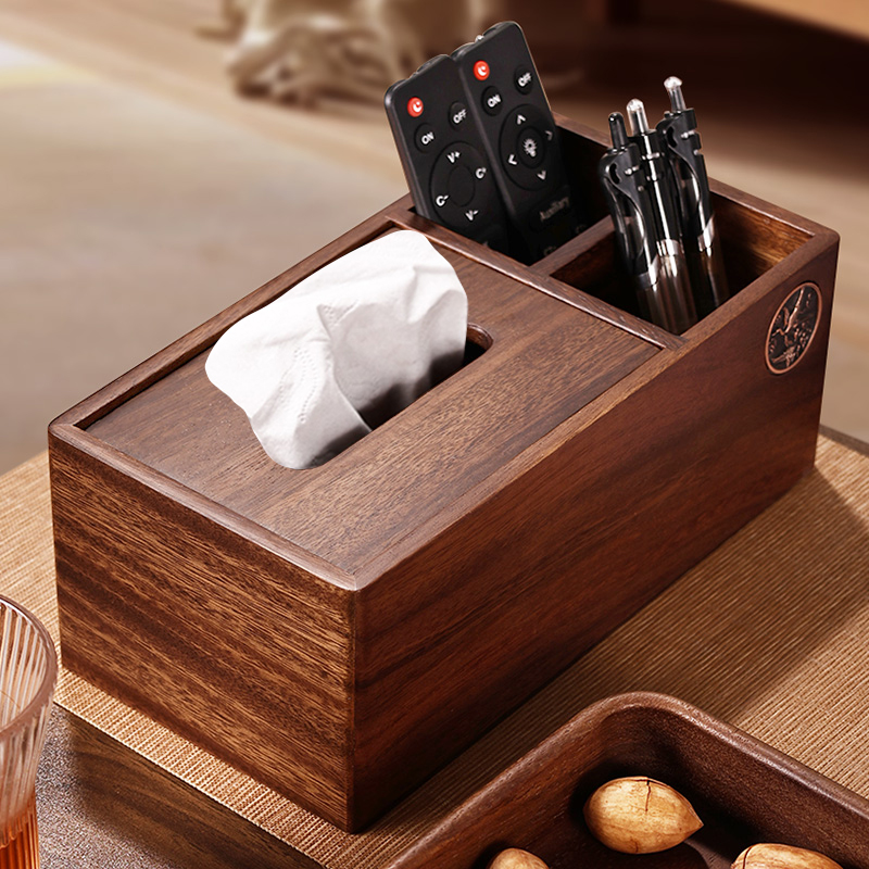 胡桃木纸巾盒高档轻奢中式客厅家用遥控器收纳盒木质多功能抽纸盒