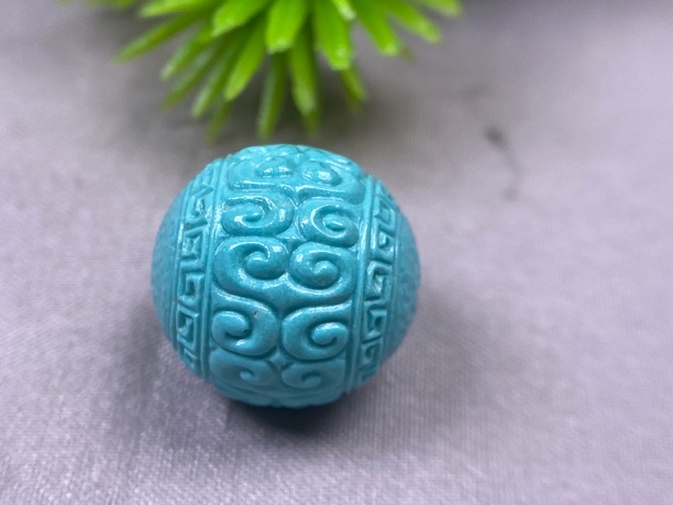 天然原矿绿松石精品雕刻回纹圆珠13.4mm