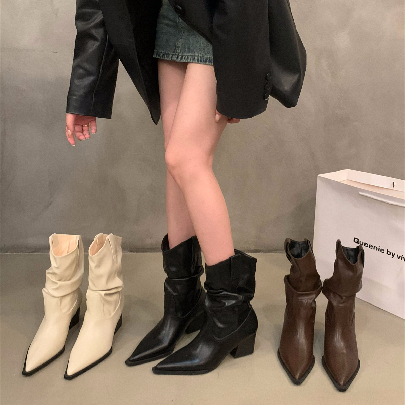 红蜻蜓牌高跟复古中筒靴口骑士靴女鞋2023新款秋冬季尖头西部堆堆