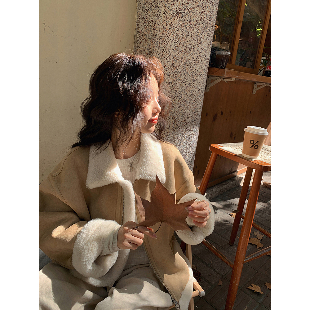 张贝贝ibell秋冬洋气百搭毛绒外套女冬翻领加厚保暖加绒机车服