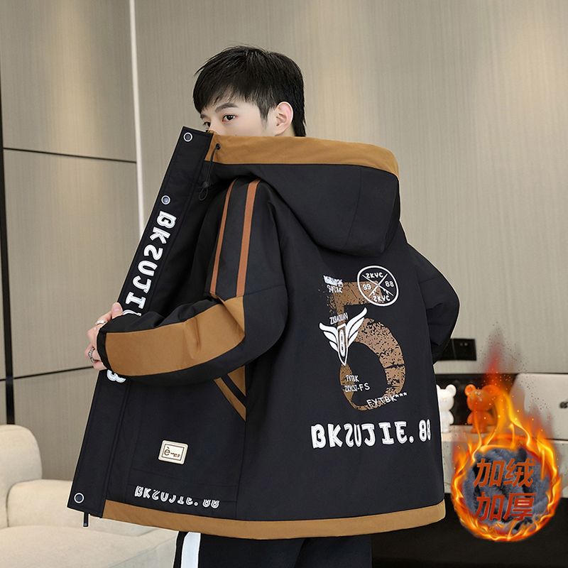 2024秋冬款加绒加厚外套男生潮流印花冬装夹克初中生冬天外穿衣服