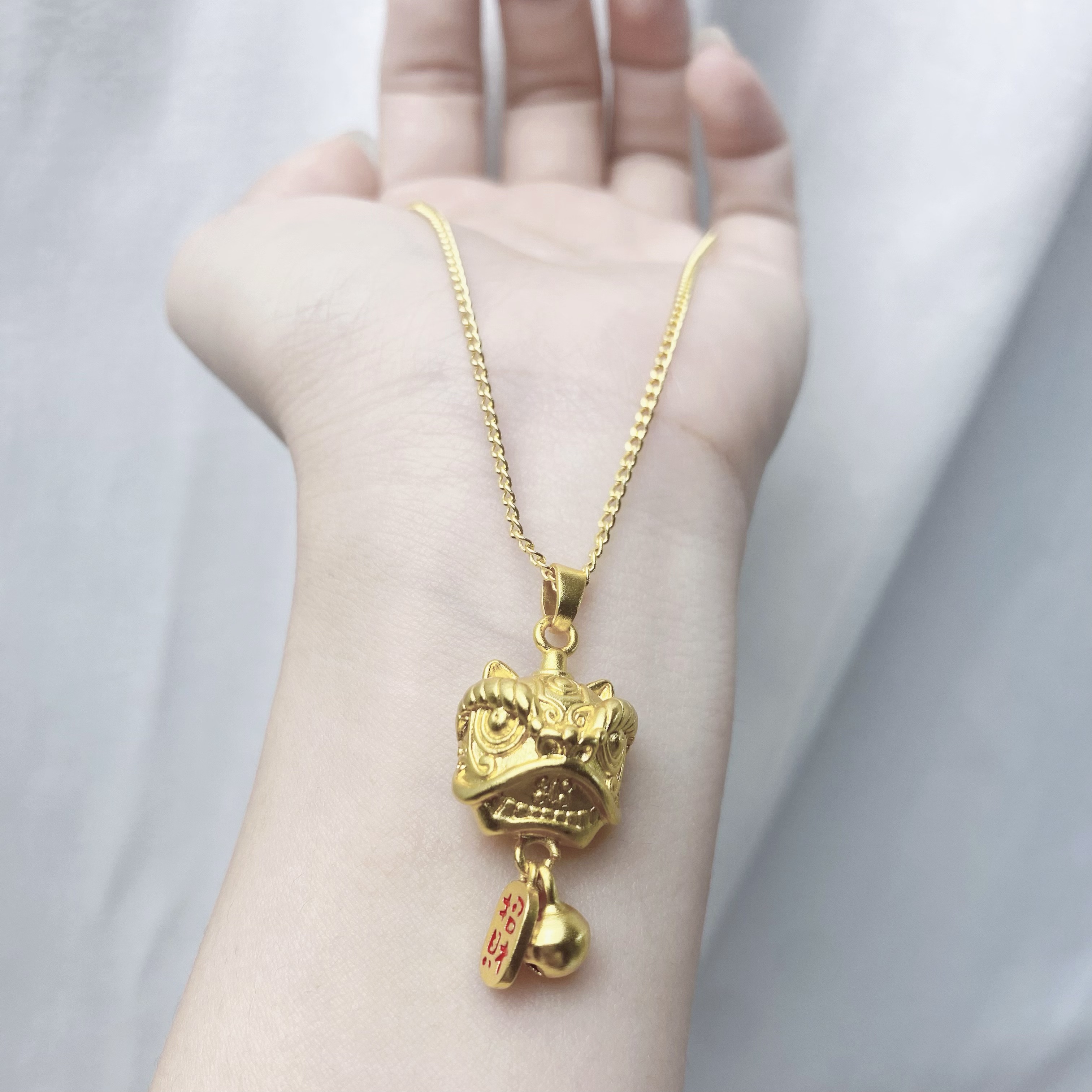 铜合金项链 【精工】新中式古法醒狮招财纳福铃铛精致灵动项链 C045