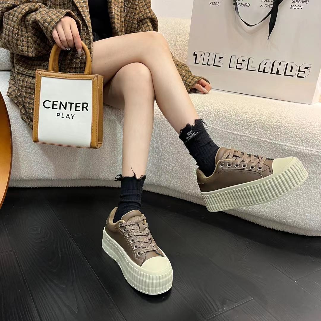 清仓饼干鞋时尚休闲加绒低帮鞋子女鞋百搭复古潮流厚底保暖系带