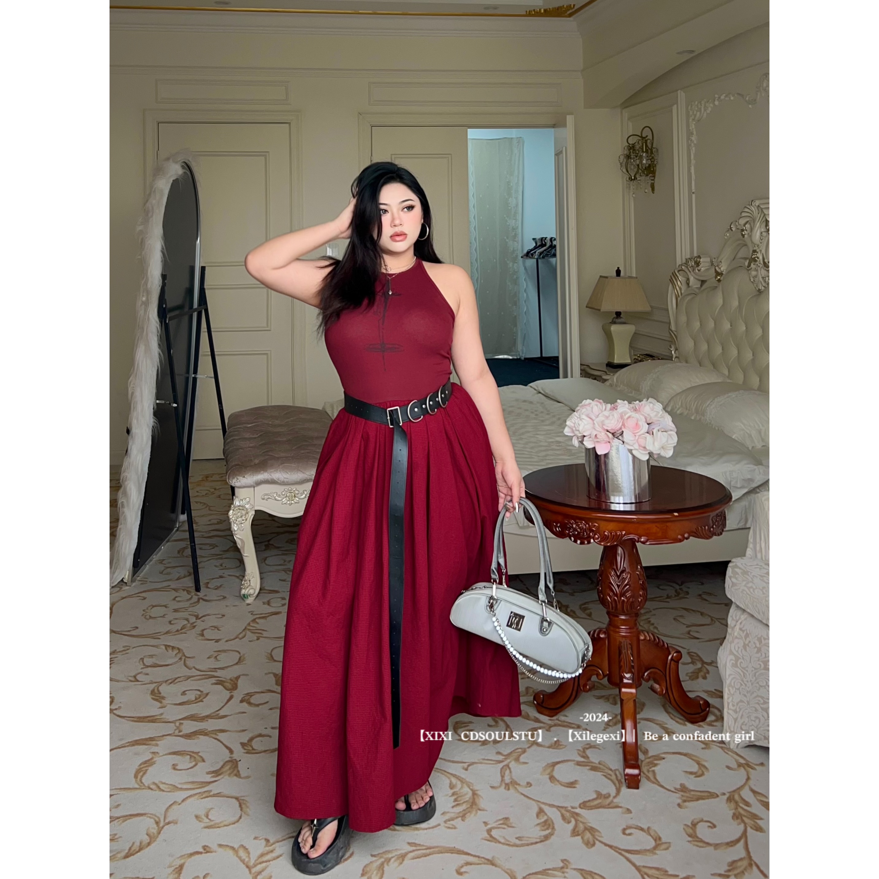 【PPEIQI】"卧底辣妹"大码拽姐收腰印花ins显瘦黑红复古连衣长裙夏