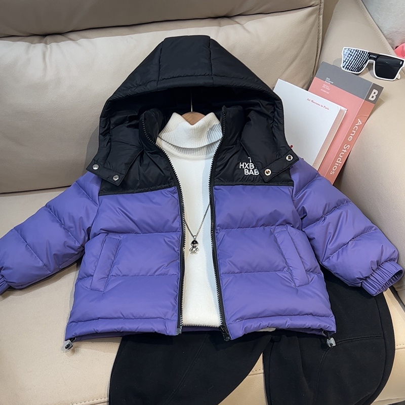 儿童防寒服绒丝男童女童宝宝羽丝棉服拼色外套中大童加厚连帽冬装