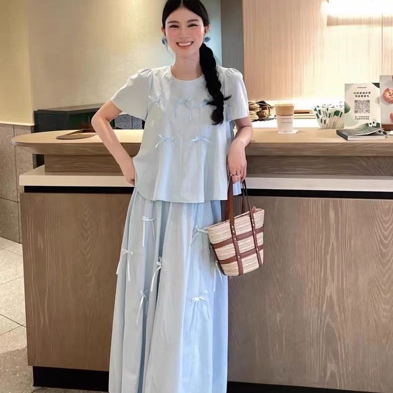 胖mm24年新款套装法式圆领蓝色泡泡袖高腰显瘦遮肚慵懒裙一整套
