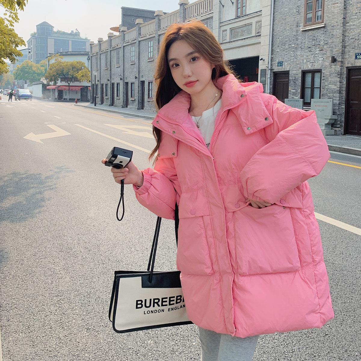 粉色羽绒棉服女冬季短款2024新款小个子连帽韩系加厚温柔风棉衣潮