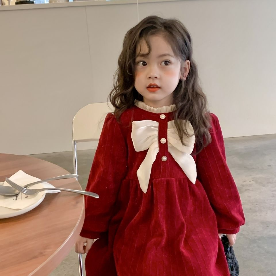 女童新年款丝绒裙2023冬装韩版蝴蝶结加绒裙洋气节日连衣裙厚款潮