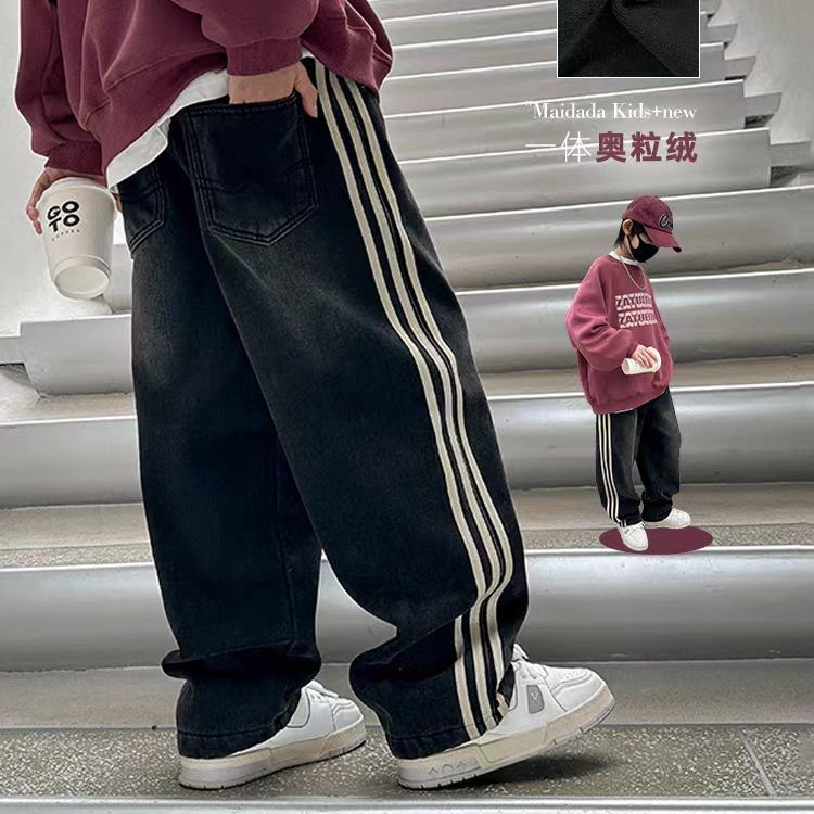 男童秋冬加绒直筒宽松阔腿牛仔裤2023新款儿童一体绒加厚休闲裤子