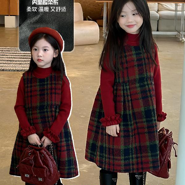 童装女童格子背心裙2023冬季新款裙子洋气圣诞新年儿童加绒连衣裙