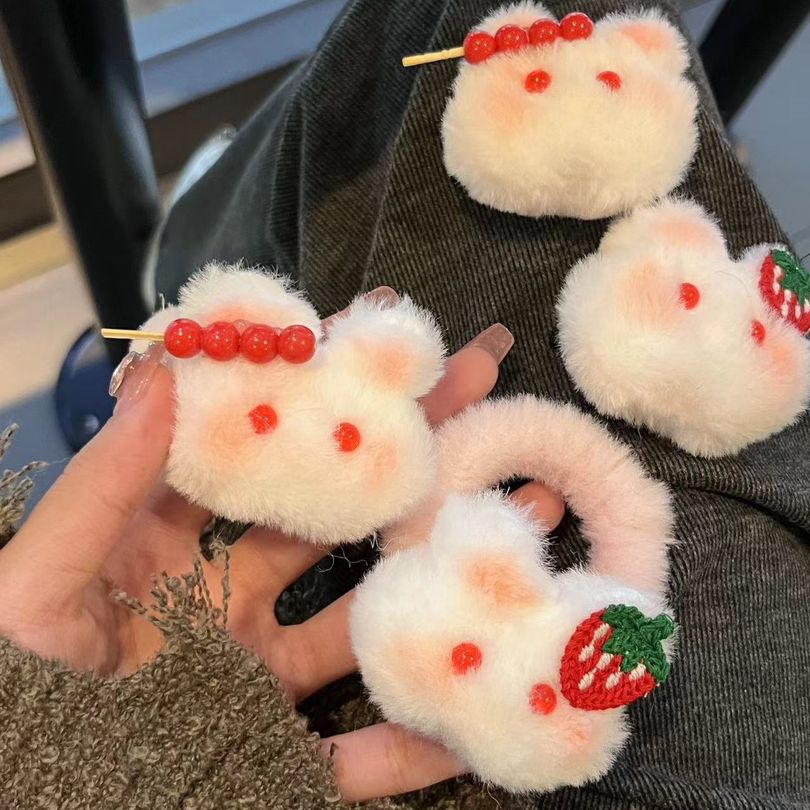 超可爱的草莓小兔纸毛茸茸小发圈软萌少女心韩版毛茸秋冬新品发圈