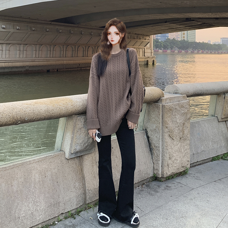 裤长109cm 高腰微喇牛仔裤女加长高个子加绒秋冬显瘦黑毛边喇叭裤