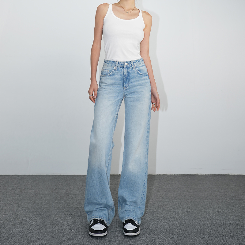 裤长110cm 浅蓝窄版阔腿裤宽松高腰显瘦直筒牛仔裤女秋加长拖地裤