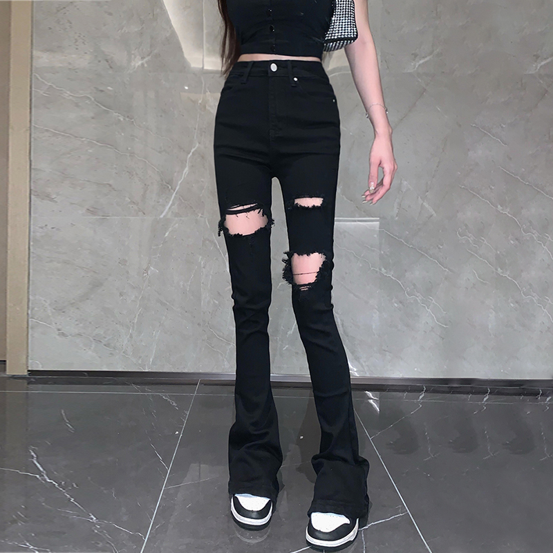 裤长111cm 超薄破洞马蹄裤女夏季加长牛仔裤高腰显瘦高个子拖地裤