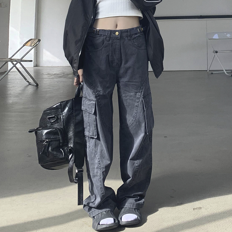 裤长108cm 美式水洗做旧辣妹工装裤女春秋加长复古宽松高腰中性风