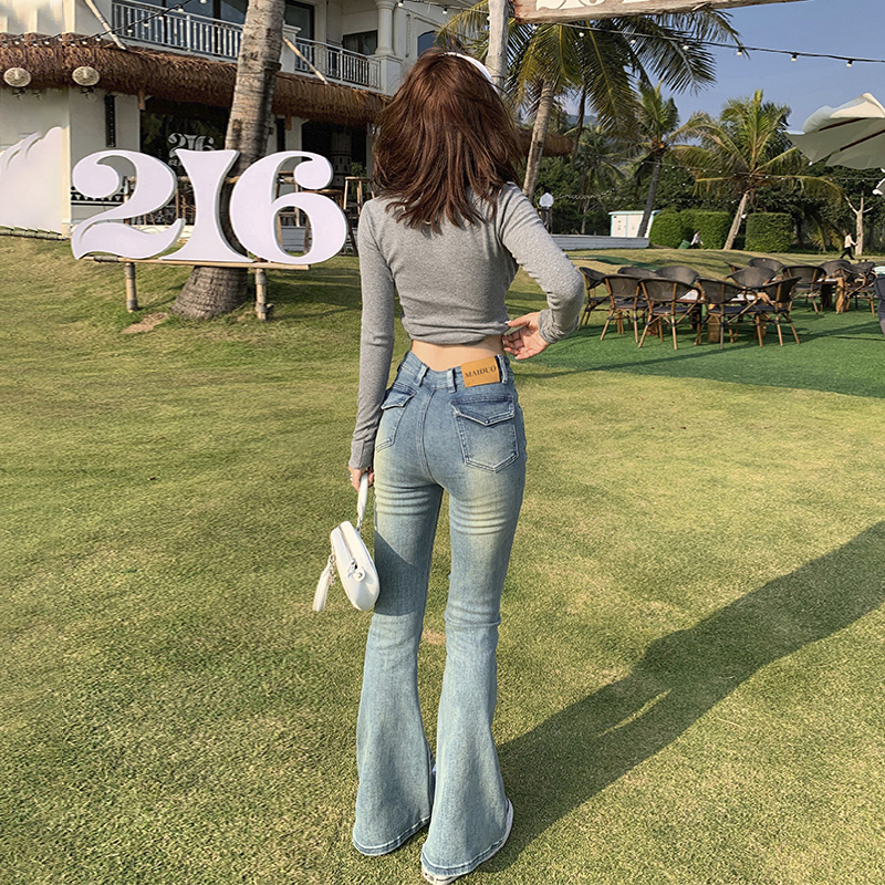 裤长110cm 浅蓝色V腰弹力微喇牛仔裤女高腰加长高个子蚂蚁腰辣妹