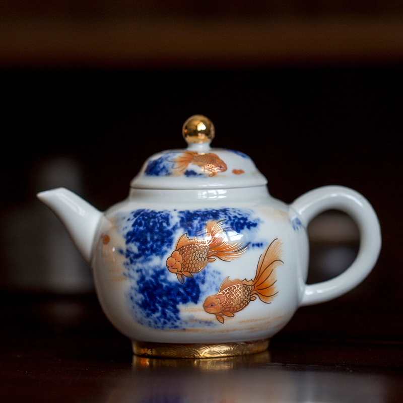 富贵有余 泡茶壶 高档 釉中彩 青花矾红描金中式手工茶壶精美家用