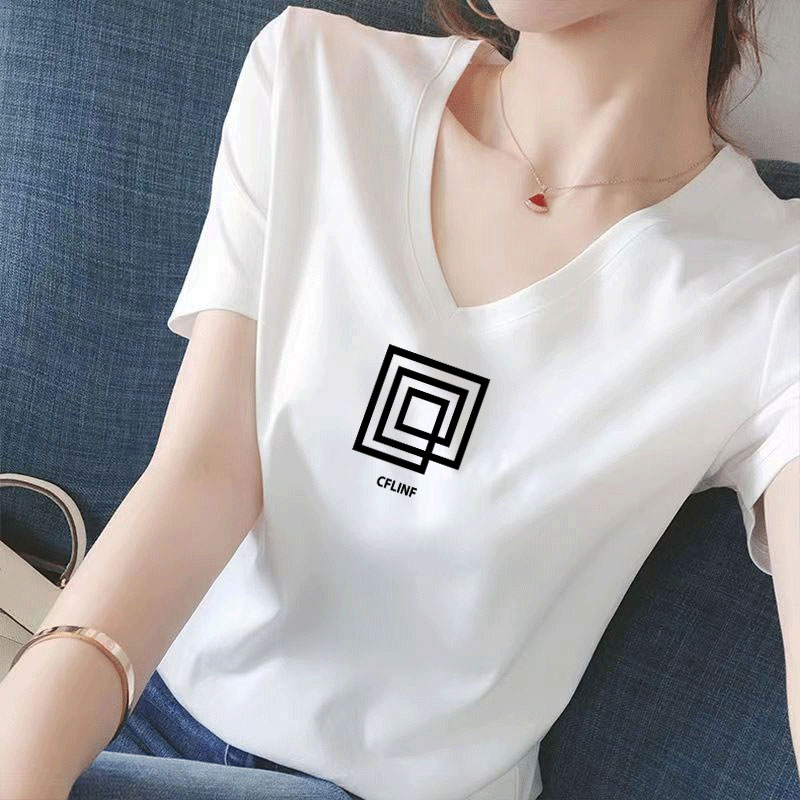 高品质棉V领t恤女夏季新款宽松黑色鸡心领白色短袖T恤女半袖打底