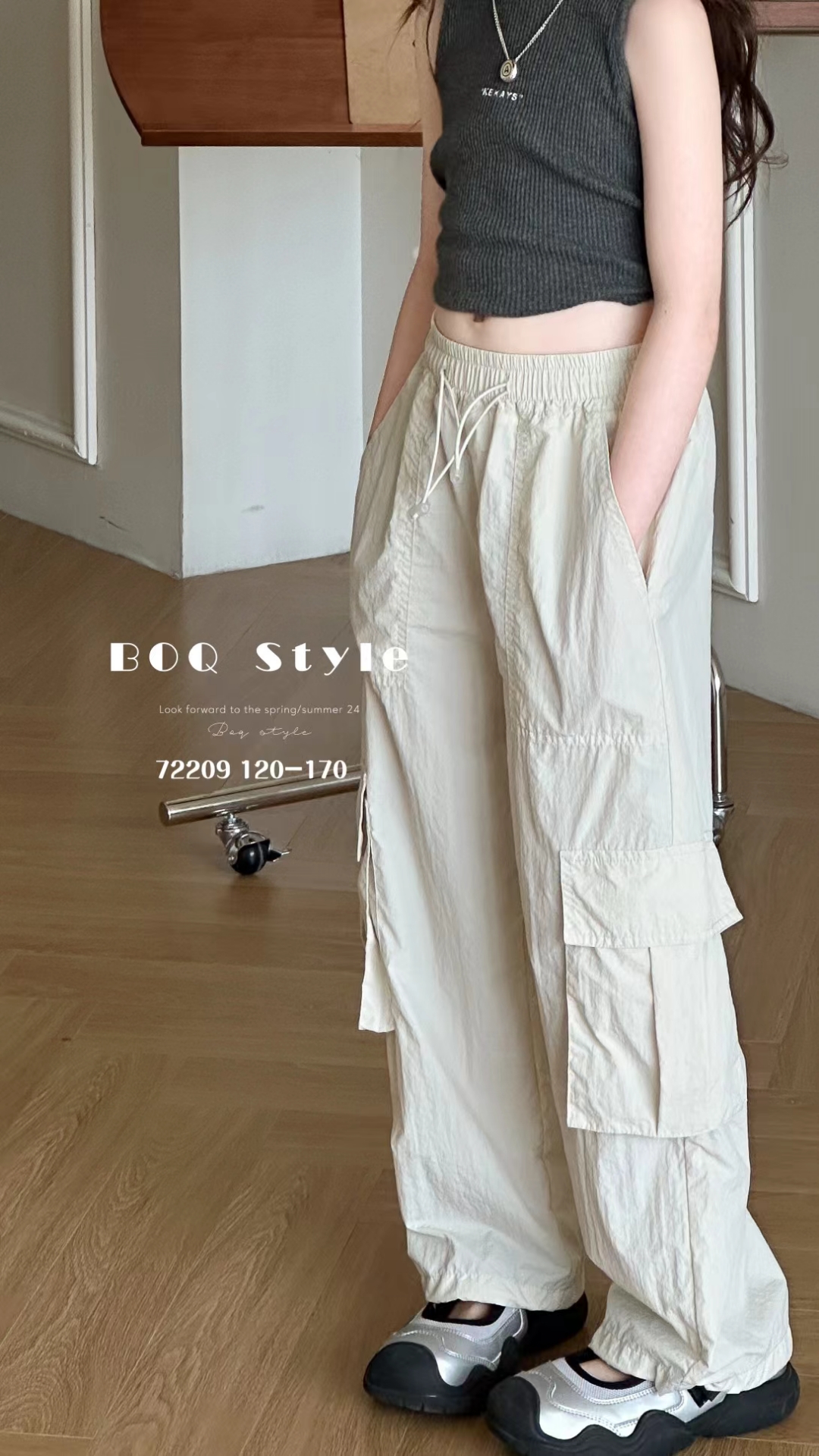 麦麦家裤子夏季薄款宽松长裤工装裤抽绳白色韩版