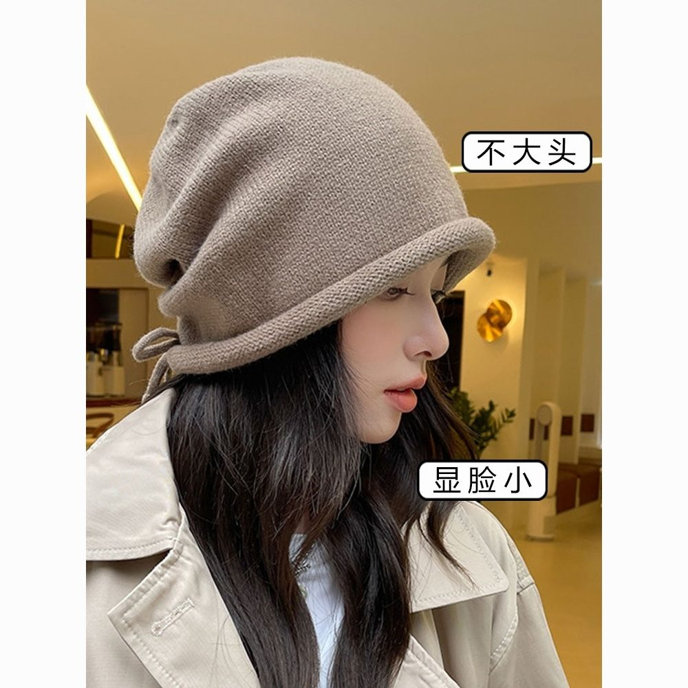 大头围抽绳堆堆帽子女秋冬季网红百搭保暖日韩系针织加厚卷边包头
