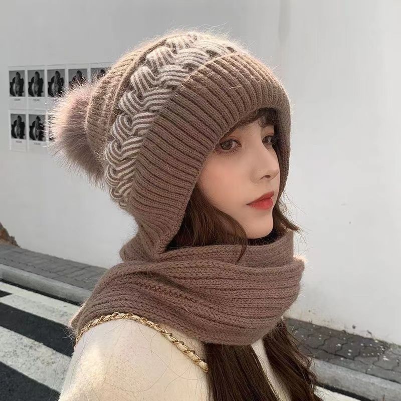 加厚帽子围巾一体女韩版冬季保暖针织骑车护耳加绒可爱防寒围脖帽