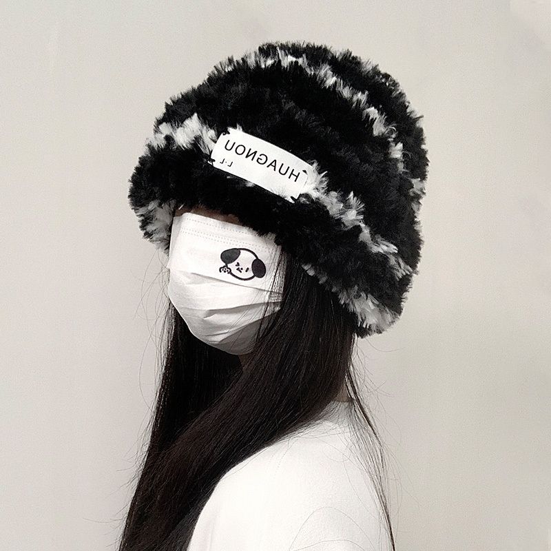 新款帽子女韩版条纹显脸小毛绒绒保暖毛线帽大头围护耳堆堆帽男潮