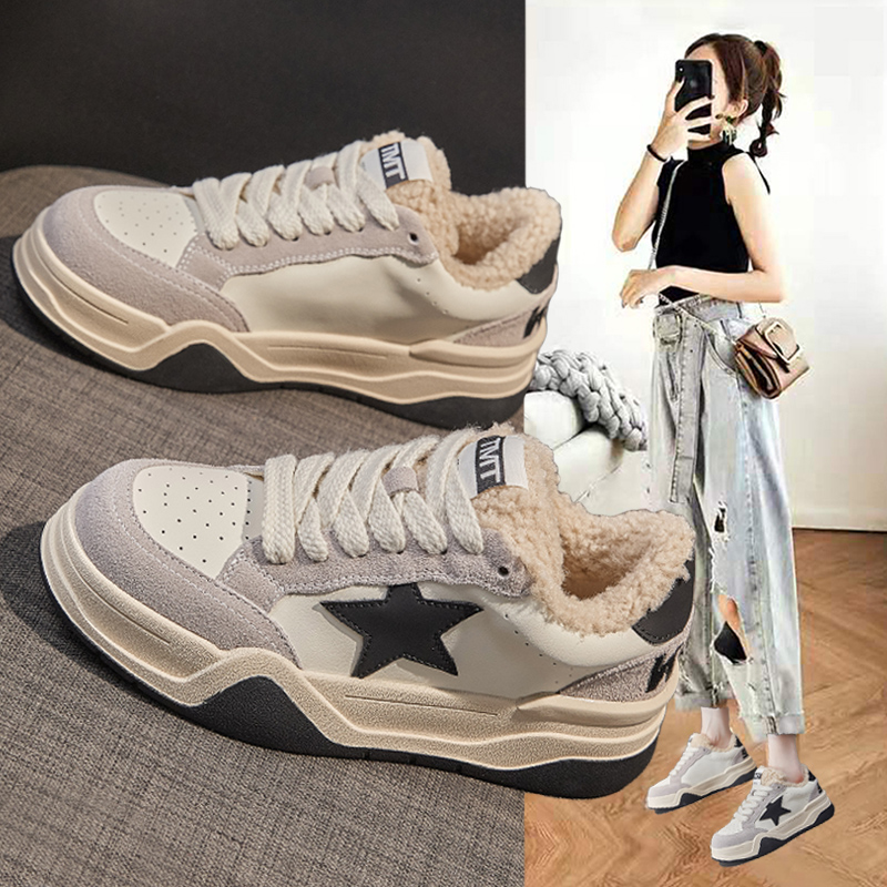 毛毛鞋女冬季外穿2023新款爆款厚底百搭小白鞋加绒运动休闲星星鞋