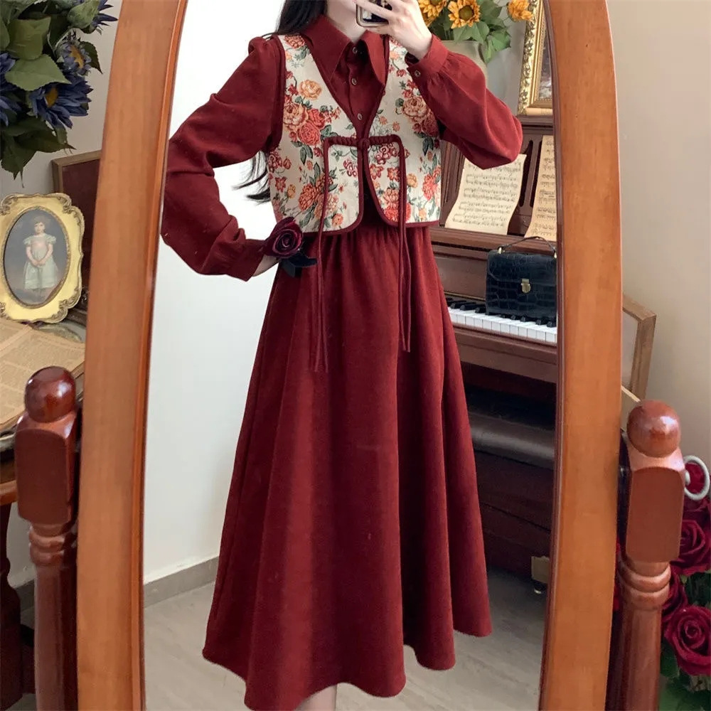 秋冬新年战袍圣诞春节胖MM新中式刺绣盘扣中长款假两件气质连衣裙