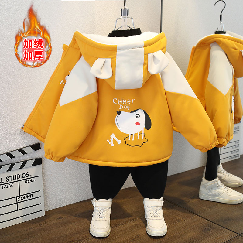 男童秋冬加绒外套休闲连帽棉衣2023加厚女童保暖派克服冬款上衣