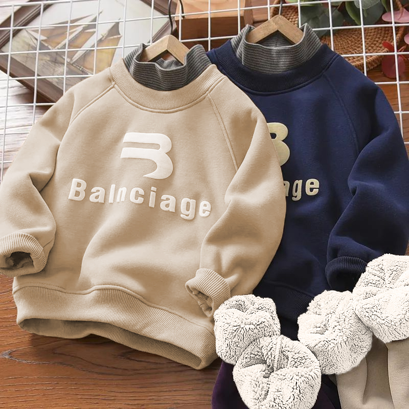 男童假两件加绒卫衣大童一体绒中领打底衫童装加厚上衣冬季新款