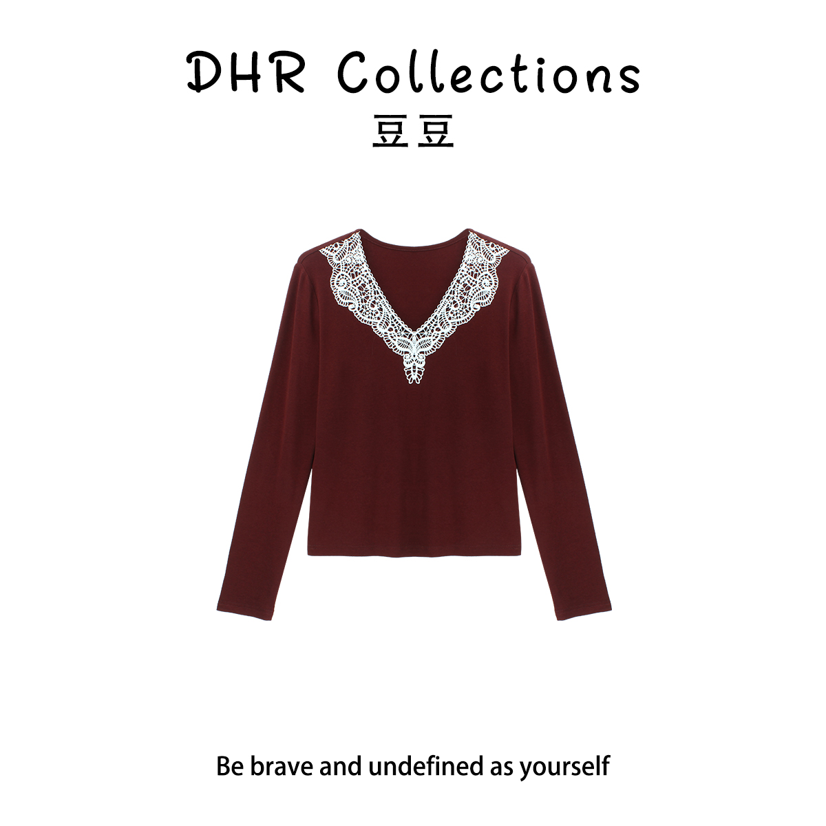 DHR COLLECTTIONS豆豆【内敛】气质显瘦上衣蕾丝领长袖t恤-DM361