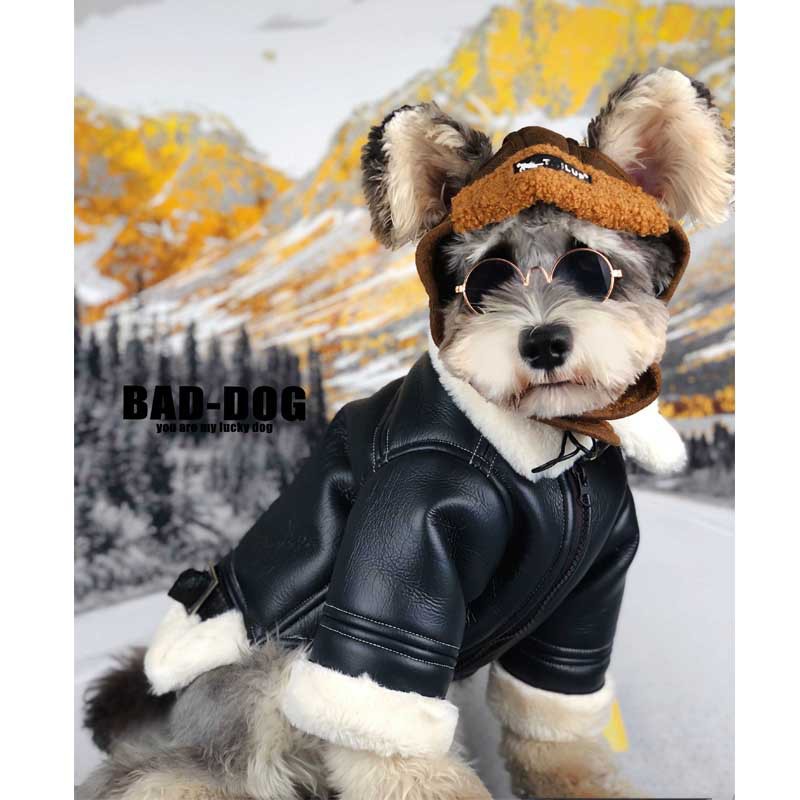 狗狗衣服秋冬装加厚潮黑外套小型犬泰迪雪纳瑞比熊博美法斗黑皮衣